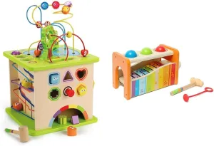 Hape Country Critters Wooden Activity Play Cube Pound & Tap Bench with Slide Out Xylophone - Award Winning Durable Wooden Musical Pounding Toy Multifunctional and Bright Colours, Yellow