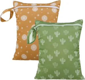 HappyFlute 2pcs Waterproof Bag Set - Cactus & Animal Pattern Wet/Dry Bag for Towels, Diapers, Swim, Beach, Gym - 10.2x14.4 inches