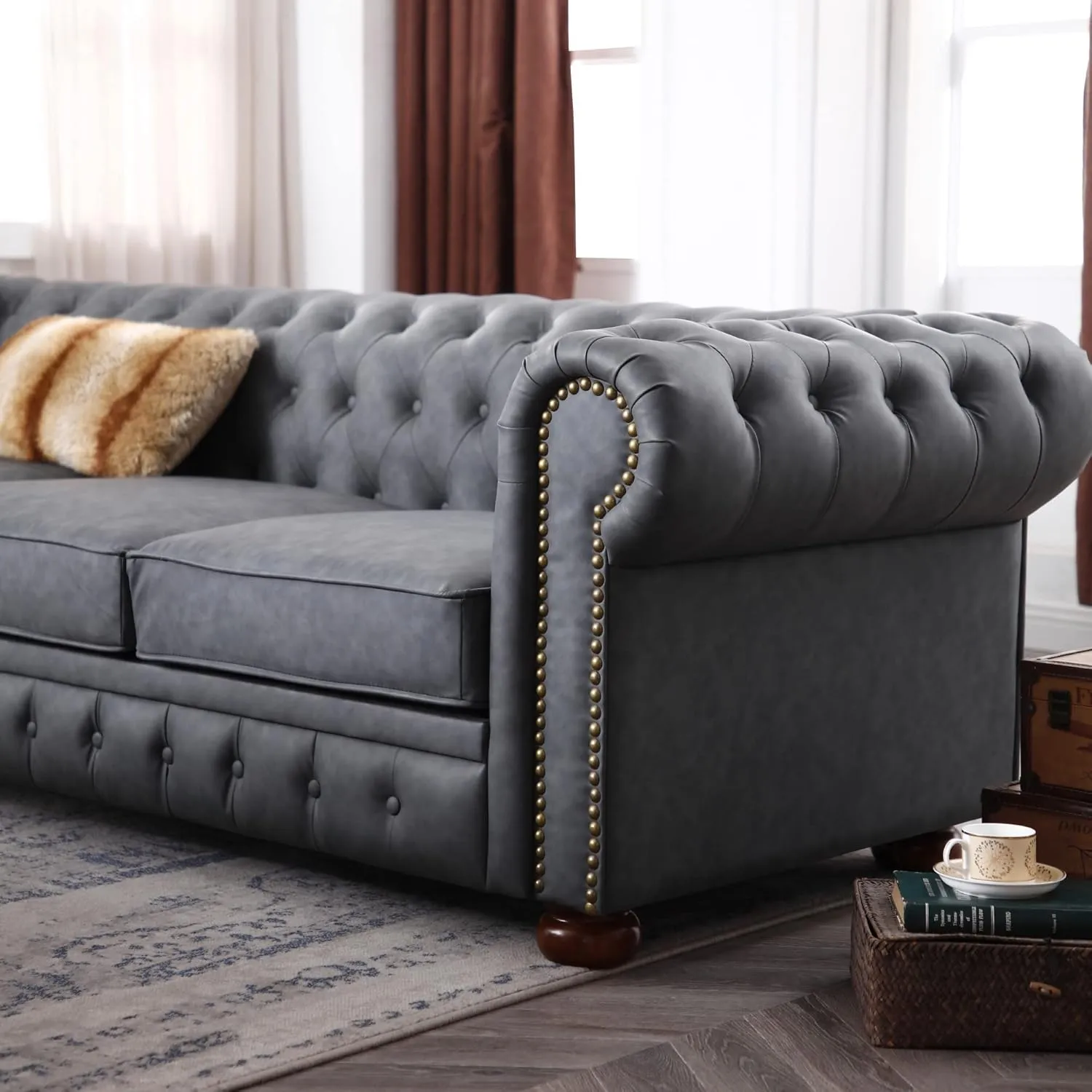 Harper & Bright Designs Faux Leather Upholstered 3-Seater Living Room Sofa with Button and Copper Nail on Arms, Classic Chesterfield Sofa, Dark Grey