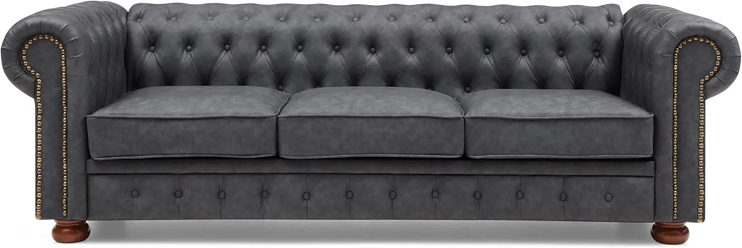 Harper & Bright Designs Faux Leather Upholstered 3-Seater Living Room Sofa with Button and Copper Nail on Arms, Classic Chesterfield Sofa, Dark Grey