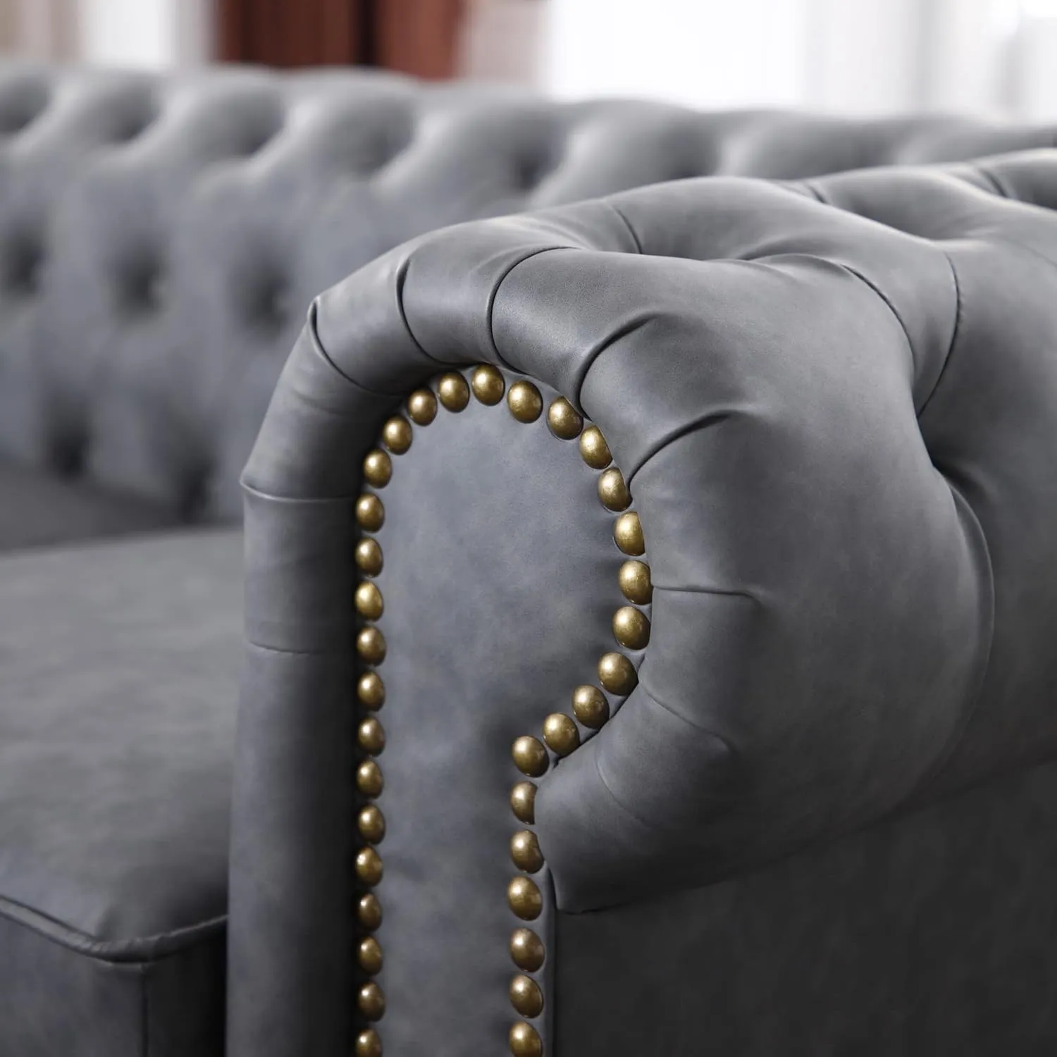 Harper & Bright Designs Faux Leather Upholstered 3-Seater Living Room Sofa with Button and Copper Nail on Arms, Classic Chesterfield Sofa, Dark Grey