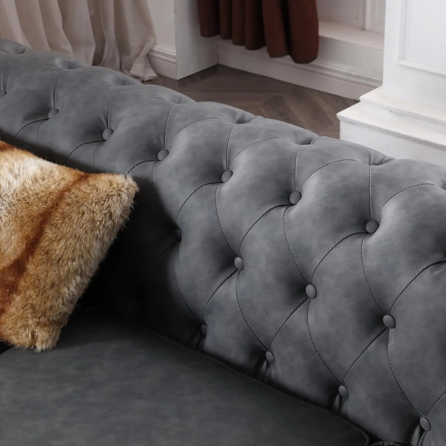 Harper & Bright Designs Faux Leather Upholstered 3-Seater Living Room Sofa with Button and Copper Nail on Arms, Classic Chesterfield Sofa, Dark Grey