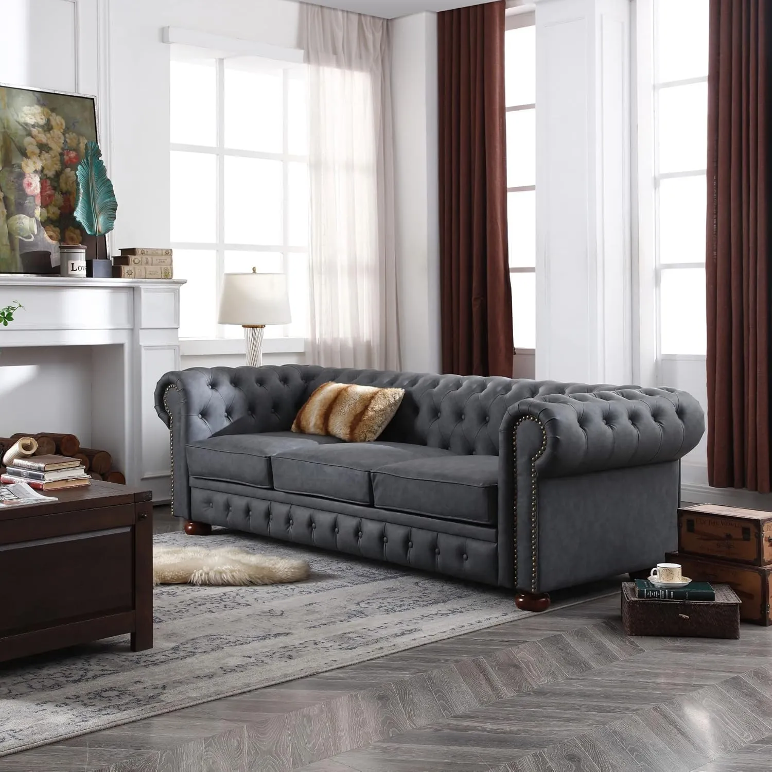Harper & Bright Designs Faux Leather Upholstered 3-Seater Living Room Sofa with Button and Copper Nail on Arms, Classic Chesterfield Sofa, Dark Grey