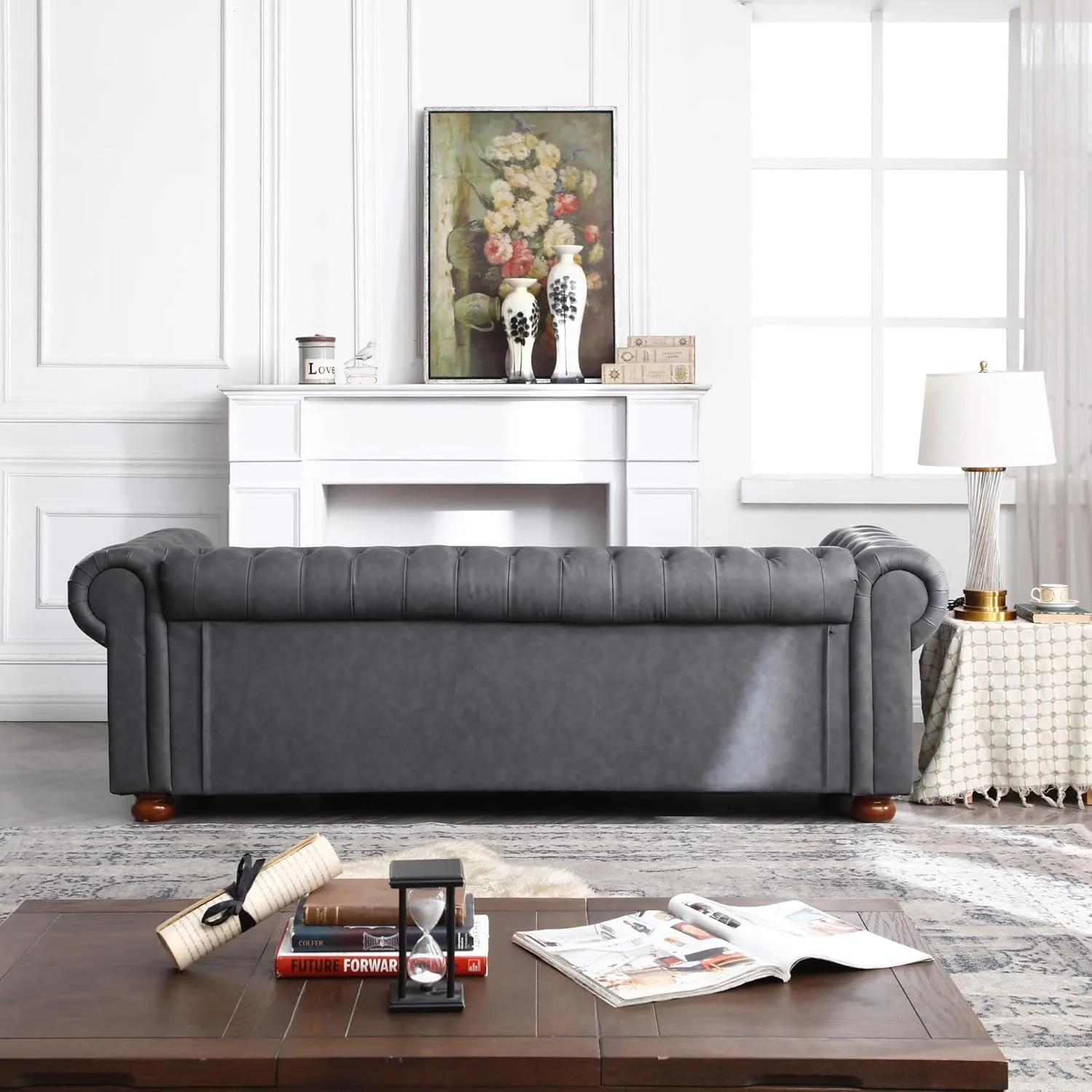 Harper & Bright Designs Faux Leather Upholstered 3-Seater Living Room Sofa with Button and Copper Nail on Arms, Classic Chesterfield Sofa, Dark Grey