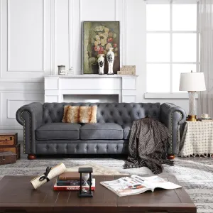 Harper & Bright Designs Faux Leather Upholstered 3-Seater Living Room Sofa with Button and Copper Nail on Arms, Classic Chesterfield Sofa, Dark Grey