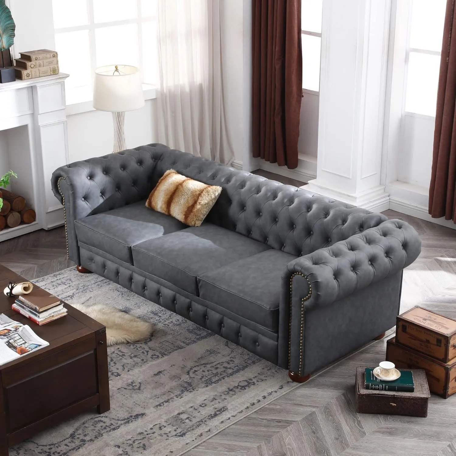 Harper & Bright Designs Faux Leather Upholstered 3-Seater Living Room Sofa with Button and Copper Nail on Arms, Classic Chesterfield Sofa, Dark Grey