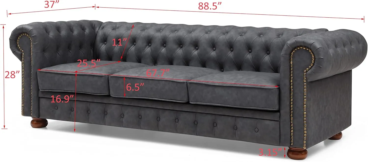 Harper & Bright Designs Faux Leather Upholstered 3-Seater Living Room Sofa with Button and Copper Nail on Arms, Classic Chesterfield Sofa, Dark Grey