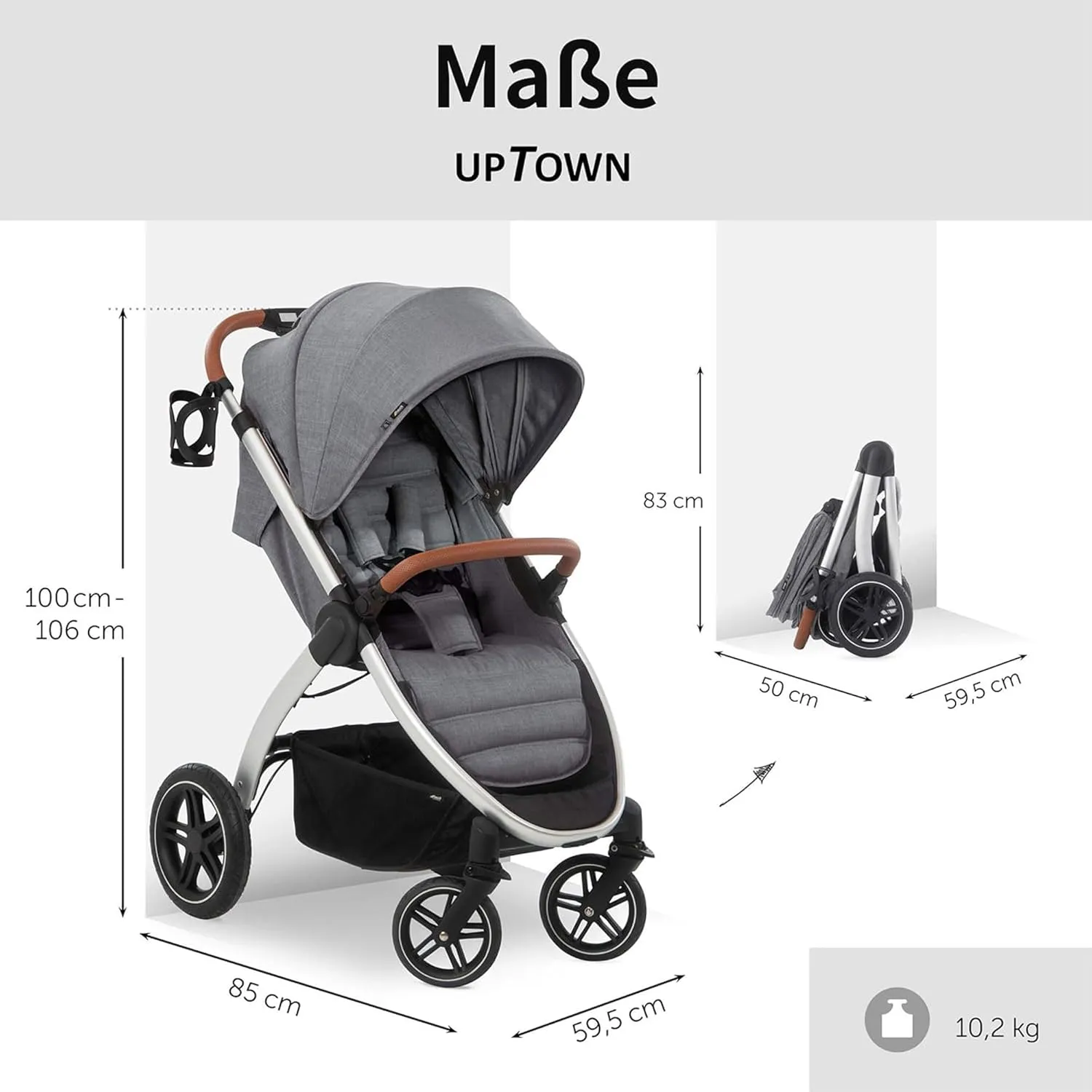 Hauck Uptown Deluxe Stroller - One-Handed Compact Folding, Fully Reclining, Adjustable Height, Cup Holder, Up to 55 lbs. Max Weight - Melange Grey