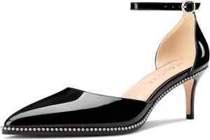HDEUOLM Womens Mid Kitten Heel Pointed Toe Beaded Pumps Ankle Strap Two-Piece Prom Dress Patent Leather Summer 2.4 Inches Heels