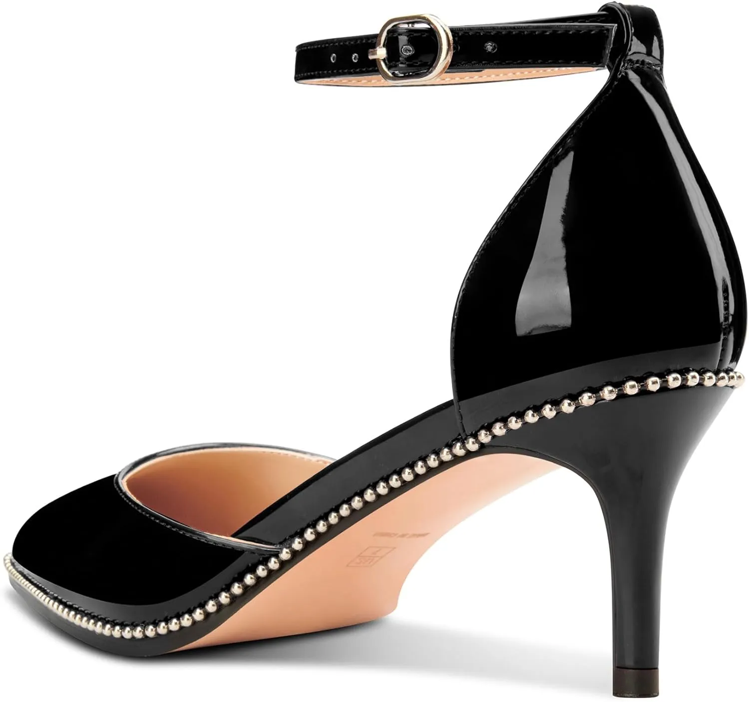 HDEUOLM Womens Mid Kitten Heel Pointed Toe Beaded Pumps Ankle Strap Two-Piece Prom Dress Patent Leather Summer 2.4 Inches Heels