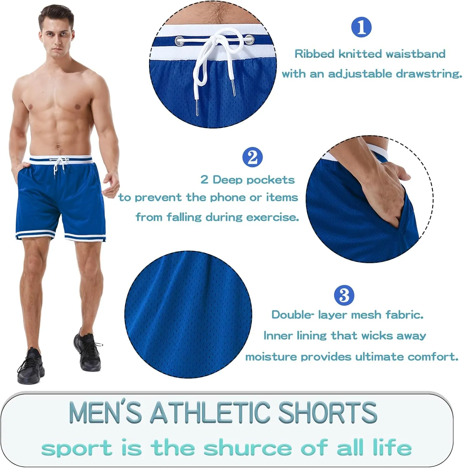 HEALONG Basketball Athletic Shorts Men - Mesh Gym Sports Workout Training Drawstring Retro Casual Fashion Short with Pockets