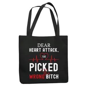 Heart attack Survivor you picked the wrong Bitch humor sarcasm saying heart attack awareness Navy Black Multicolor Canvas Tote Bag