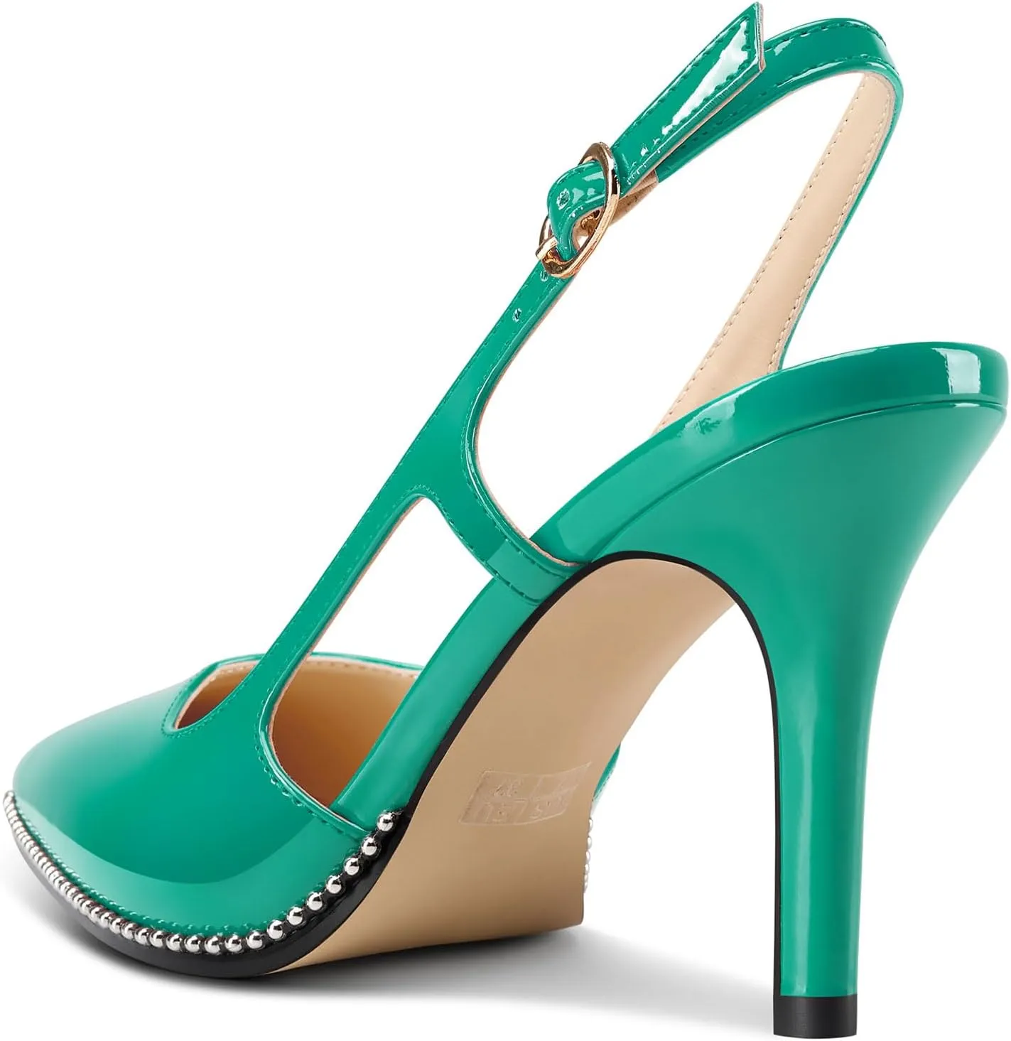 HEUIVZAR Womens Beaded Pumps Slingback Stiletto High Heels Pointed Toe Slip-on Sandals Adjustable Buckle Pearls Patent Leather Dress Shoes 3.5 Inches Heels
