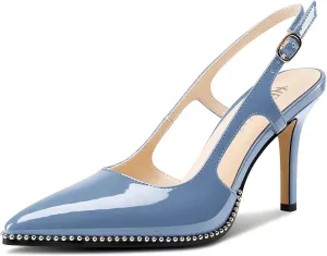 HEUIVZAR Womens Beaded Pumps Slingback Stiletto High Heels Pointed Toe Slip-on Sandals Adjustable Buckle Pearls Patent Leather Dress Shoes 3.5 Inches Heels