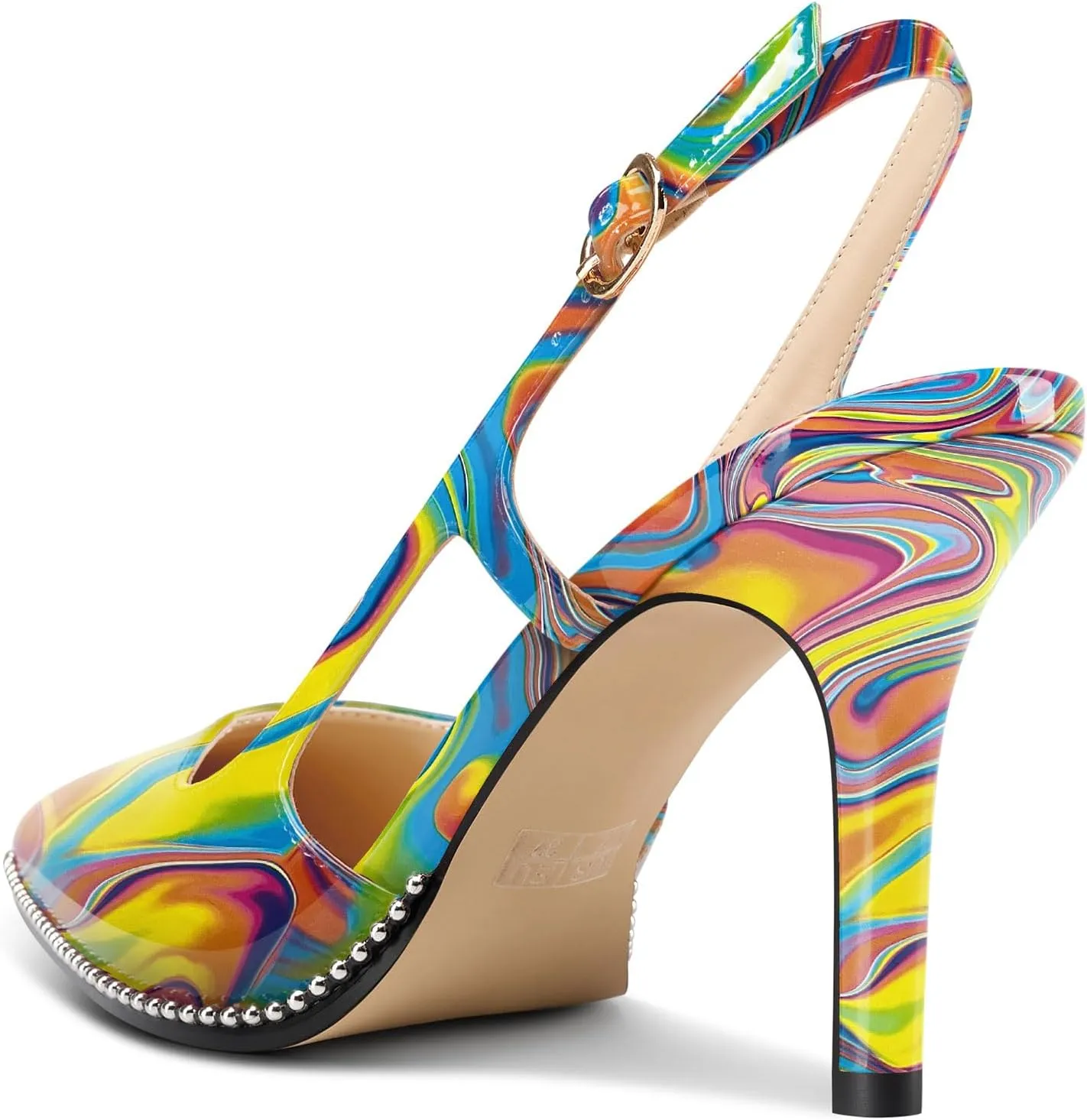 HEUIVZAR Womens Beaded Pumps Slingback Stiletto High Heels Pointed Toe Slip-on Sandals Adjustable Buckle Pearls Patent Leather Dress Shoes 3.5 Inches Heels