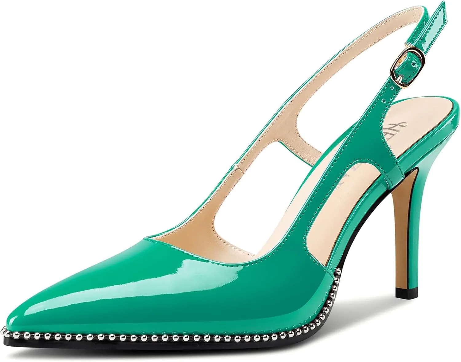 HEUIVZAR Womens Beaded Pumps Slingback Stiletto High Heels Pointed Toe Slip-on Sandals Adjustable Buckle Pearls Patent Leather Dress Shoes 3.5 Inches Heels
