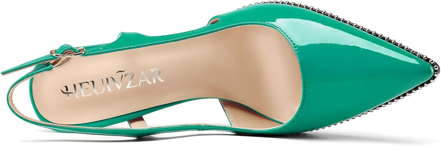 HEUIVZAR Womens Beaded Pumps Slingback Stiletto High Heels Pointed Toe Slip-on Sandals Adjustable Buckle Pearls Patent Leather Dress Shoes 3.5 Inches Heels