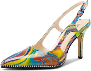 HEUIVZAR Womens Beaded Pumps Slingback Stiletto High Heels Pointed Toe Slip-on Sandals Adjustable Buckle Pearls Patent Leather Dress Shoes 3.5 Inches Heels