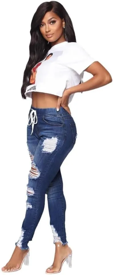 High Waisted High Waisted Elastic Waist Jean Joggers for Women Stretch Loose Denim Pants with Drawstring