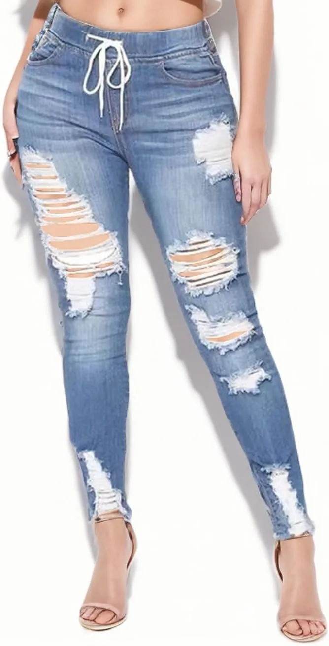 High Waisted High Waisted Elastic Waist Jean Joggers for Women Stretch Loose Denim Pants with Drawstring