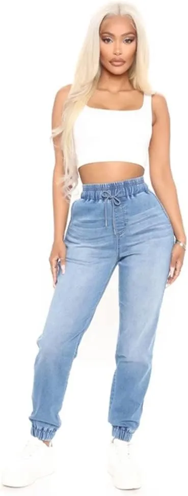 High Waisted High Waisted Elastic Waist Jean Joggers for Women Stretch Loose Denim Pants with Drawstring