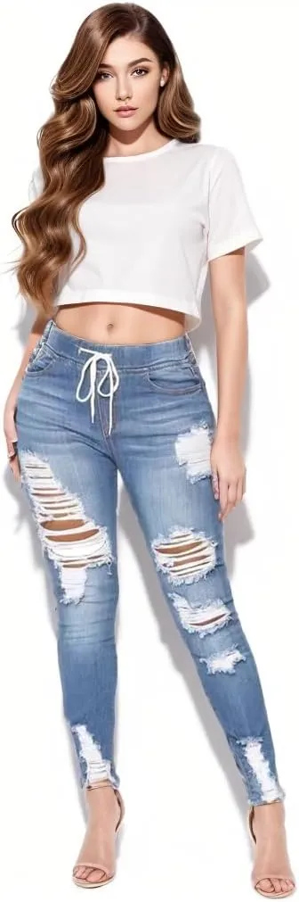 High Waisted High Waisted Elastic Waist Jean Joggers for Women Stretch Loose Denim Pants with Drawstring