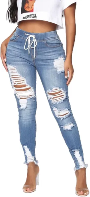 High Waisted High Waisted Elastic Waist Jean Joggers for Women Stretch Loose Denim Pants with Drawstring