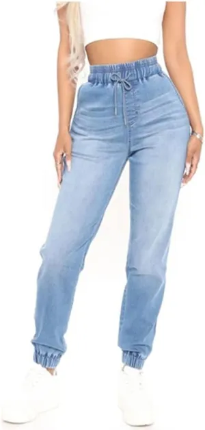 High Waisted High Waisted Elastic Waist Jean Joggers for Women Stretch Loose Denim Pants with Drawstring