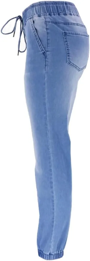 High Waisted High Waisted Elastic Waist Jean Joggers for Women Stretch Loose Denim Pants with Drawstring