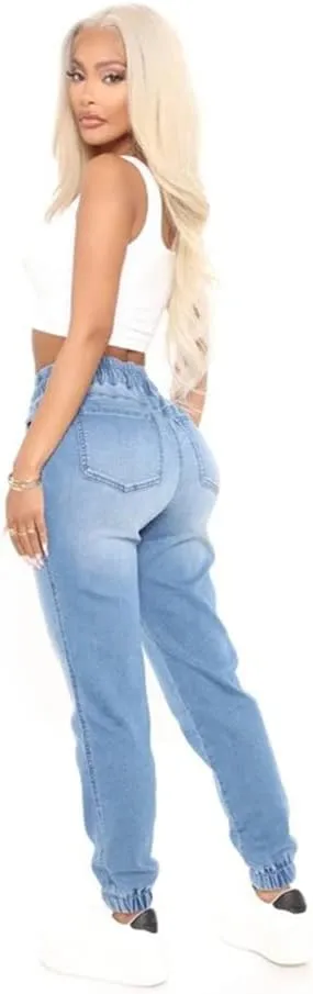 High Waisted High Waisted Elastic Waist Jean Joggers for Women Stretch Loose Denim Pants with Drawstring