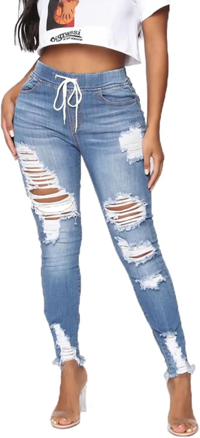 High Waisted High Waisted Elastic Waist Jean Joggers for Women Stretch Loose Denim Pants with Drawstring