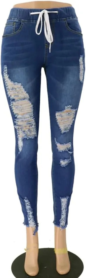 High Waisted High Waisted Elastic Waist Jean Joggers for Women Stretch Loose Denim Pants with Drawstring