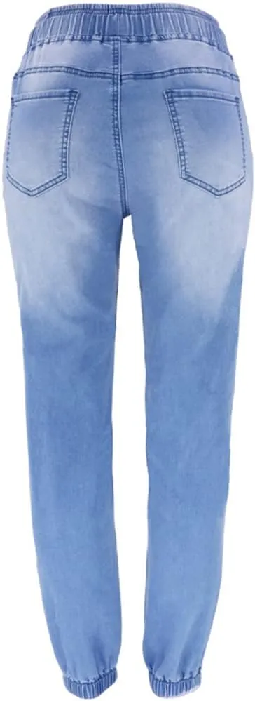High Waisted High Waisted Elastic Waist Jean Joggers for Women Stretch Loose Denim Pants with Drawstring