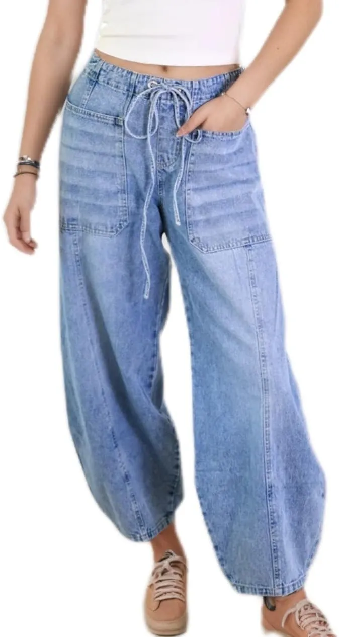 High Waisted High Waisted Elastic Waist Jean Joggers for Women Stretch Loose Denim Pants with Drawstring