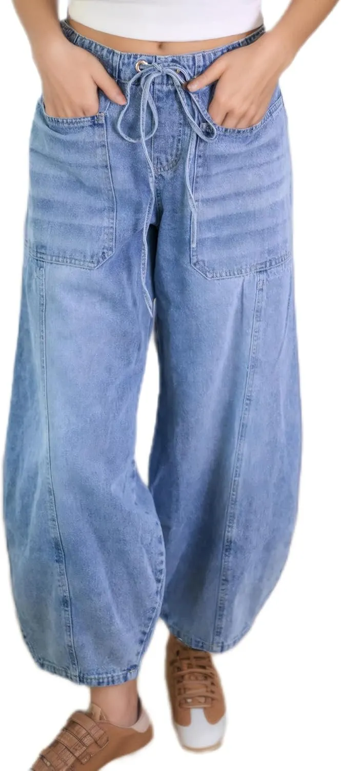 High Waisted High Waisted Elastic Waist Jean Joggers for Women Stretch Loose Denim Pants with Drawstring