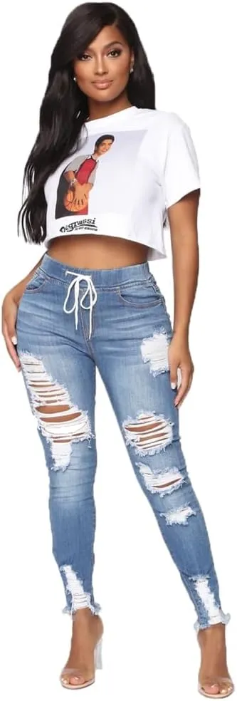 High Waisted High Waisted Elastic Waist Jean Joggers for Women Stretch Loose Denim Pants with Drawstring