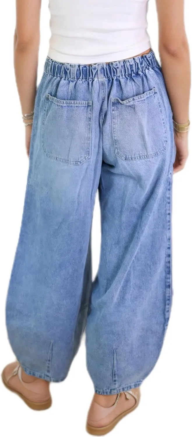 High Waisted High Waisted Elastic Waist Jean Joggers for Women Stretch Loose Denim Pants with Drawstring
