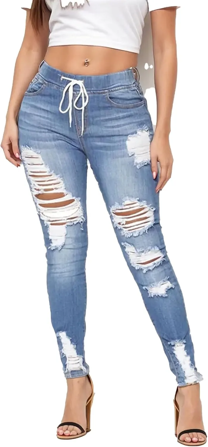 High Waisted High Waisted Elastic Waist Jean Joggers for Women Stretch Loose Denim Pants with Drawstring