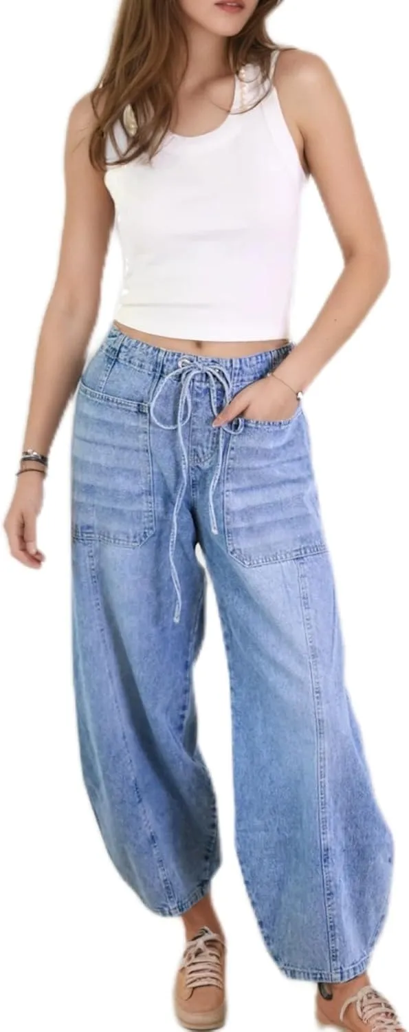 High Waisted High Waisted Elastic Waist Jean Joggers for Women Stretch Loose Denim Pants with Drawstring