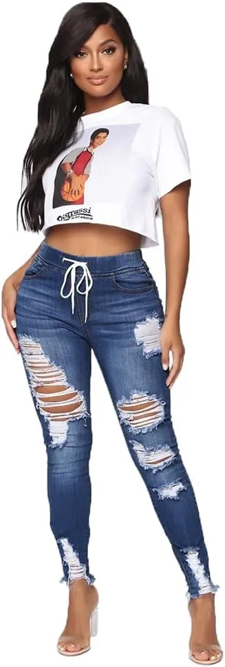 High Waisted High Waisted Elastic Waist Jean Joggers for Women Stretch Loose Denim Pants with Drawstring