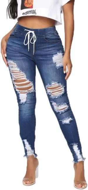 High Waisted High Waisted Elastic Waist Jean Joggers for Women Stretch Loose Denim Pants with Drawstring