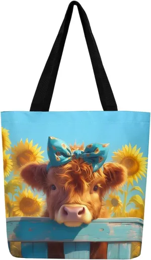 Highland Cow Canvas Tote Bag,Bull Cattle Tote Bag,Western Funny Animal Shopping Grocery Bags