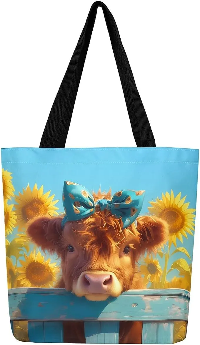 Highland Cow Canvas Tote Bag,Bull Cattle Tote Bag,Western Funny Animal Shopping Grocery Bags