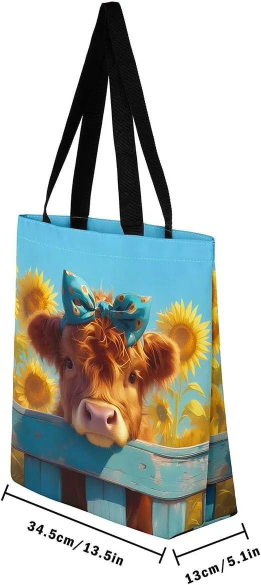 Highland Cow Canvas Tote Bag,Bull Cattle Tote Bag,Western Funny Animal Shopping Grocery Bags