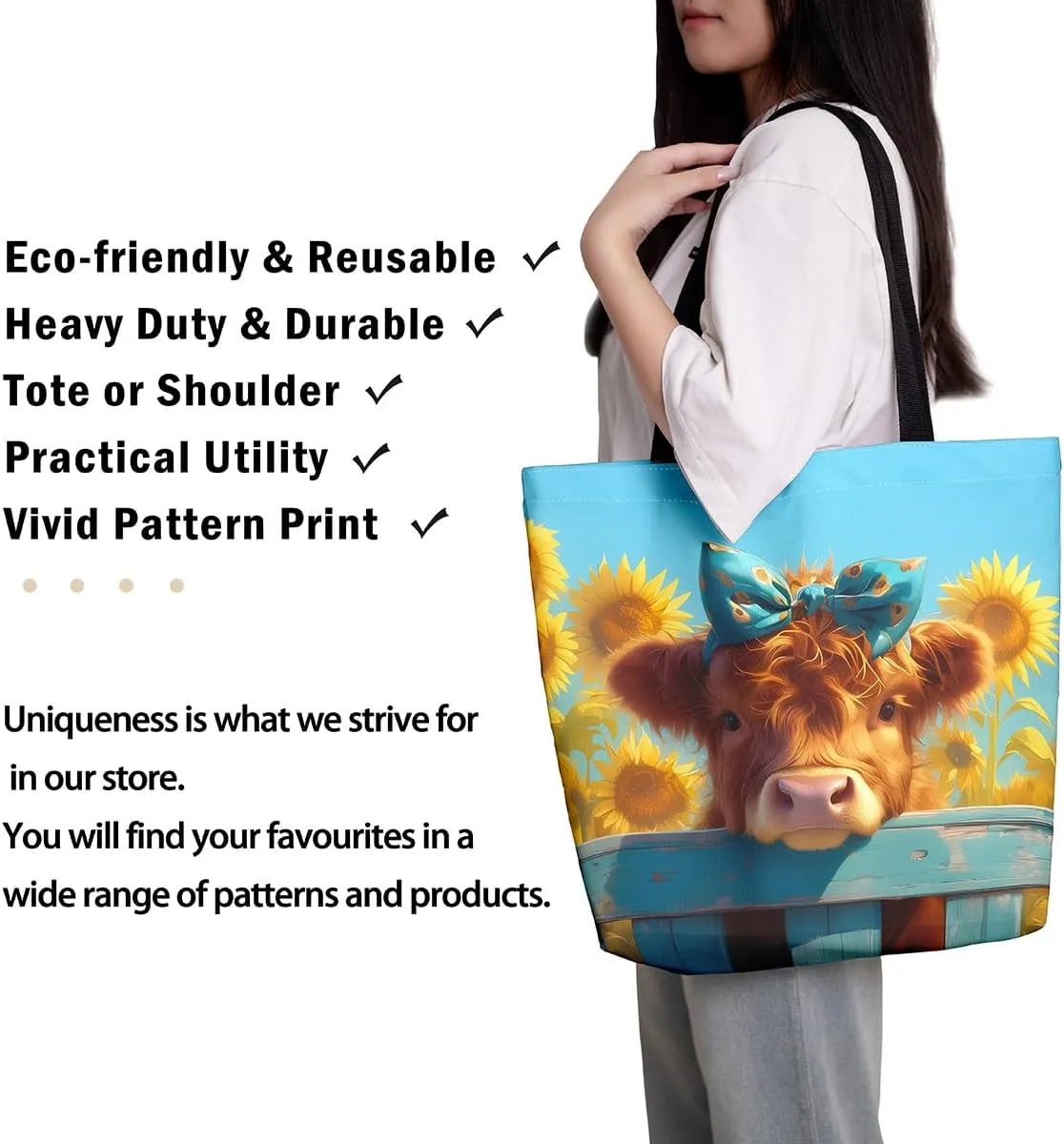 Highland Cow Canvas Tote Bag,Bull Cattle Tote Bag,Western Funny Animal Shopping Grocery Bags