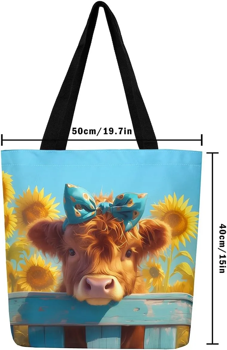 Highland Cow Canvas Tote Bag,Bull Cattle Tote Bag,Western Funny Animal Shopping Grocery Bags