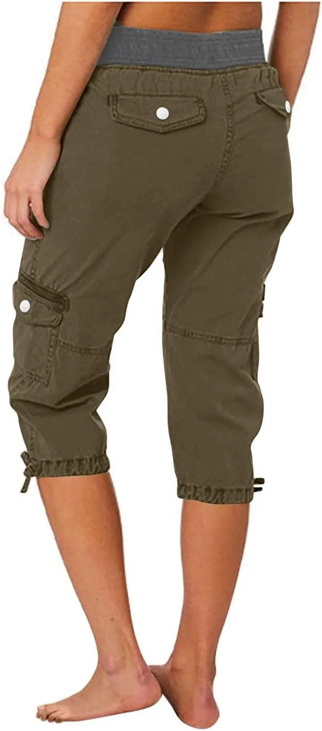 Hiking Cargo Capri for Womens Drawstring Waist Button Decor Capris Summer Joggers Sports Shorts Trousers with Pocket