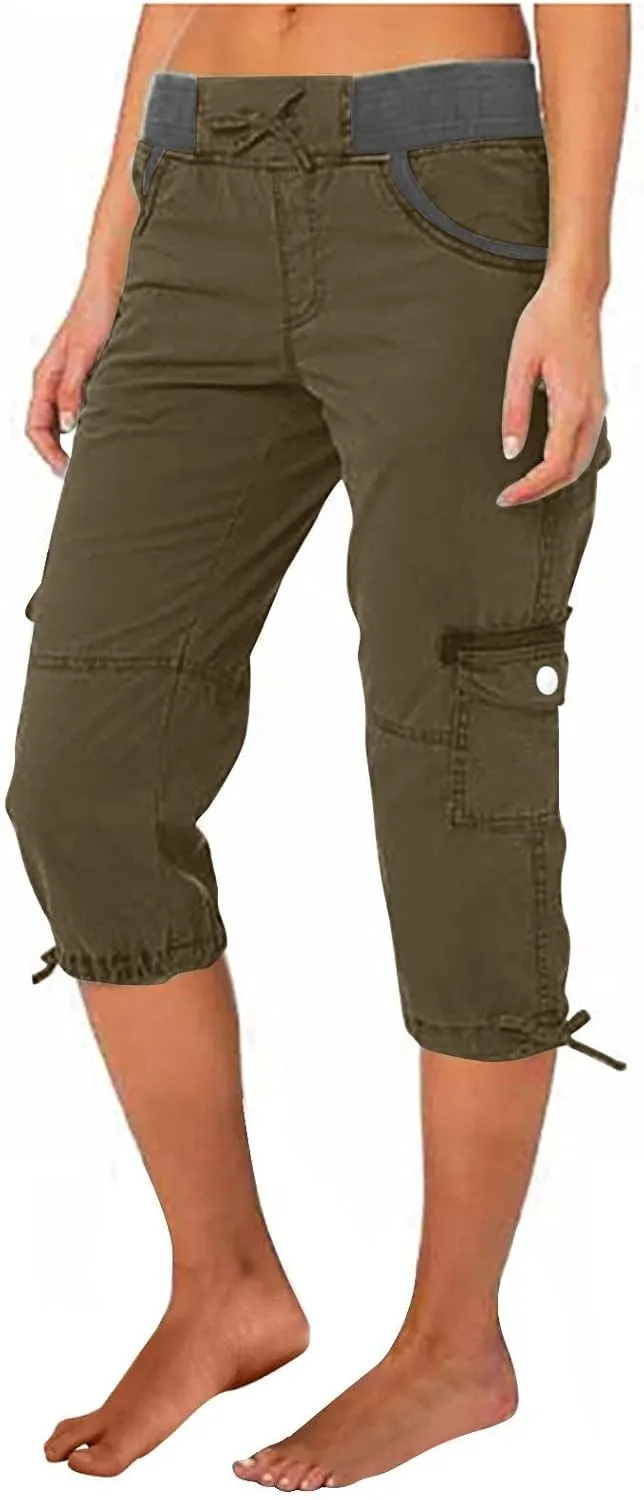 Hiking Cargo Capri for Womens Drawstring Waist Button Decor Capris Summer Joggers Sports Shorts Trousers with Pocket