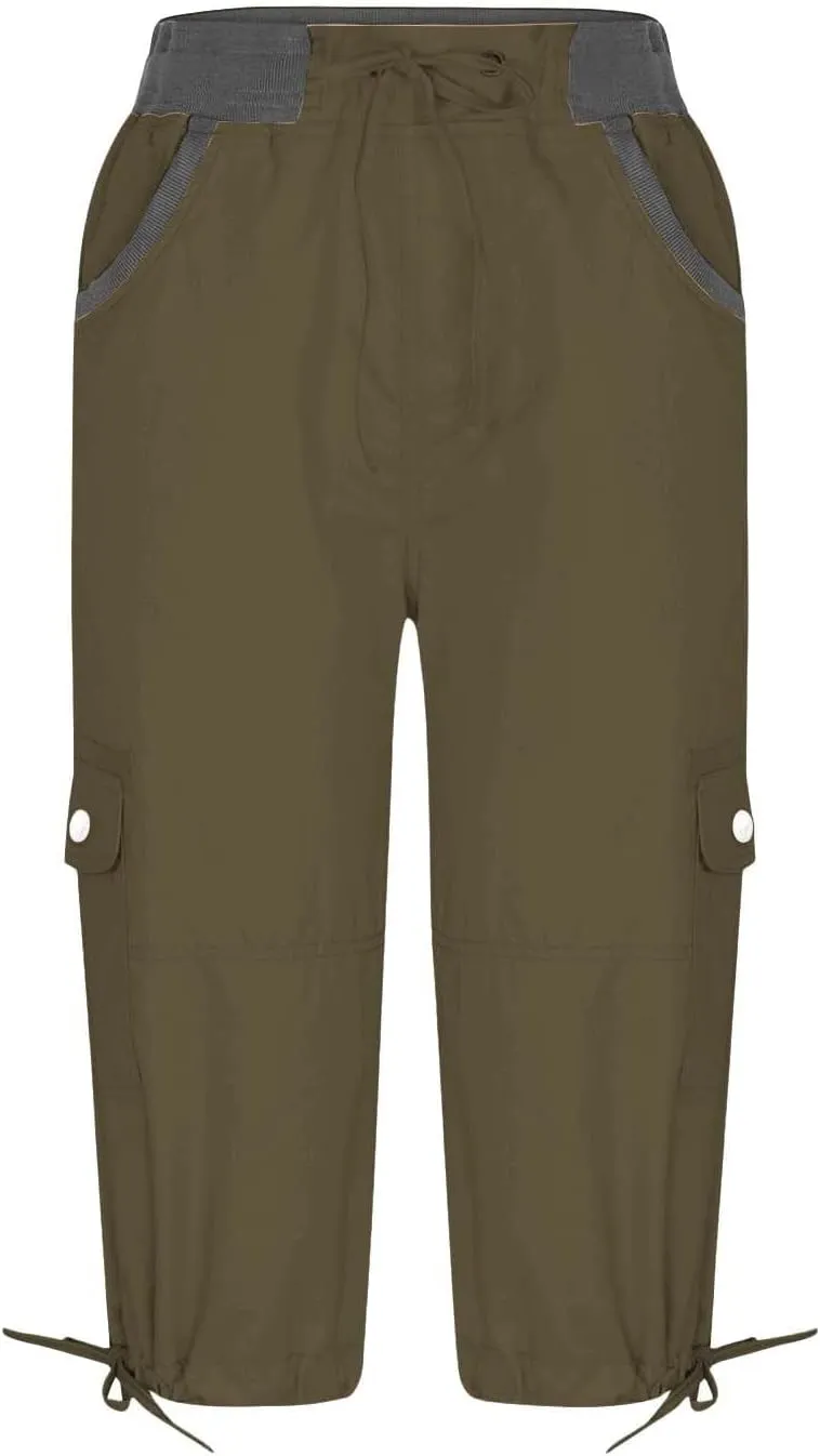 Hiking Cargo Capri for Womens Drawstring Waist Button Decor Capris Summer Joggers Sports Shorts Trousers with Pocket