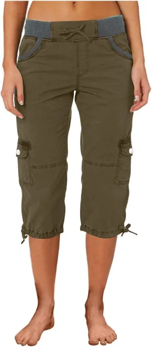 Hiking Cargo Capri for Womens Drawstring Waist Button Decor Capris Summer Joggers Sports Shorts Trousers with Pocket